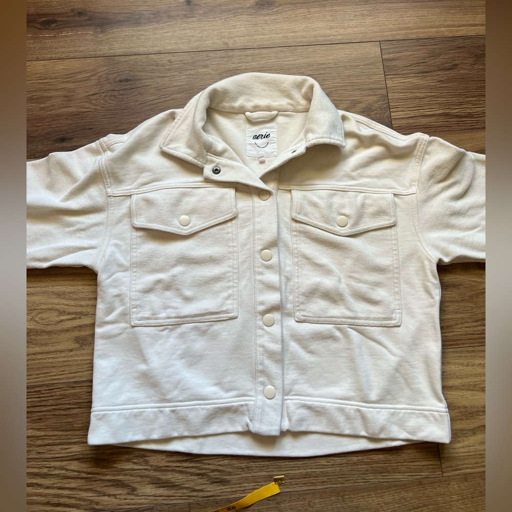Aerie Shacket Women Medium Cream Excellent Fleece Button Down Pocket Jacket